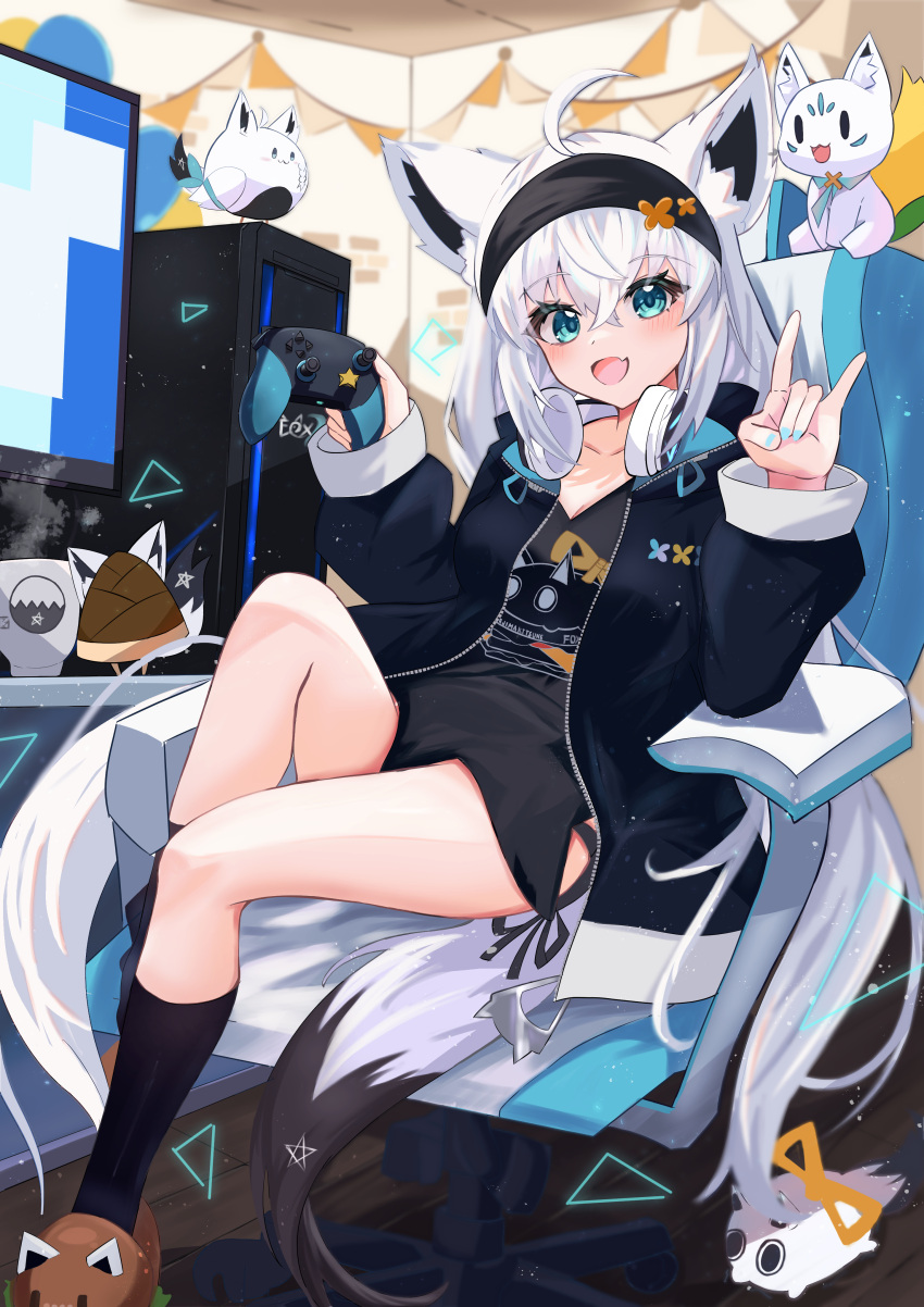 absurdres ahoge animal_ears black_headband black_jacket black_shirt black_socks blue_eyes blue_nails breasts chair computer computer_tower controller female fox_ears fox_girl fox_shadow_puppet fox_tail game_controller gaming_chair headband headphones headphones_around_neck highres holding holding_controller holding_game_controller hololive jacket looking_at_viewer medium_breasts monitor nail_polish oerba_yun_fang official_alternate_costume oruyanke_(shirakami_fubuki) shirakami_fubuki shirakami_fubuki_(loungewear) shirt skin_fang smile socks soma443 sukonbu_(shirakami_fubuki) swivel_chair tail virtual_youtuber white_hair