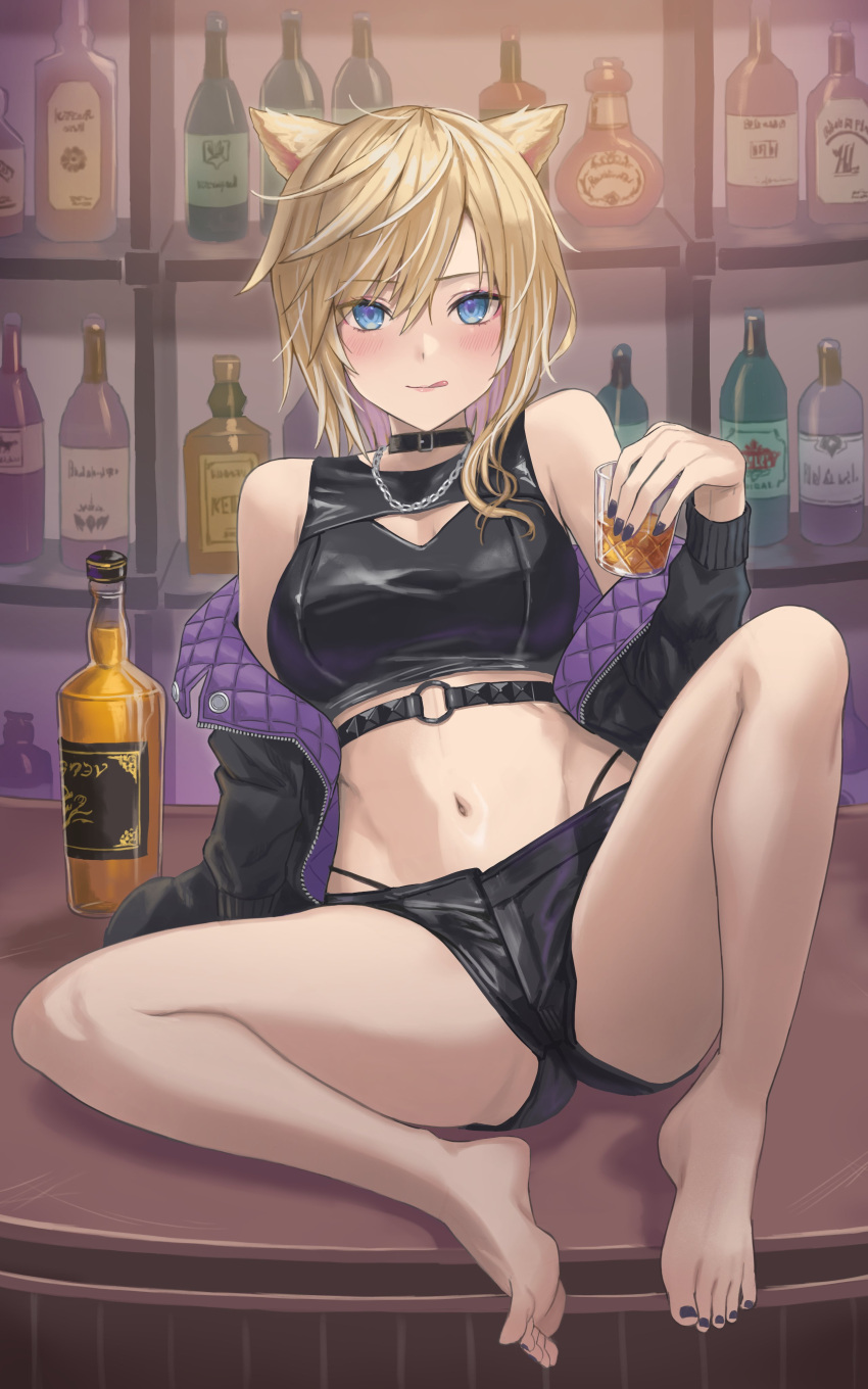 :q absurdres alcohol animal_ears arm_support bar_(place) bare_shoulders barefoot black_choker black_jacket black_nails black_shorts blonde_hair blue_eyes blush borrowed_character bottle breasts cat_ears choker cleavage commission crop_top cup enporion feet female final_fantasy final_fantasy_xiv hair_between_eyes highres holding holding_cup indoors jacket licking_lips looking_at_viewer messy_hair midriff miqo'te nail_polish navel off_shoulder original shelf short_shorts shorts sitting skeb_commission solo stomach toenail_polish toenails toes tongue tongue_out warrior_of_light_(ff14)