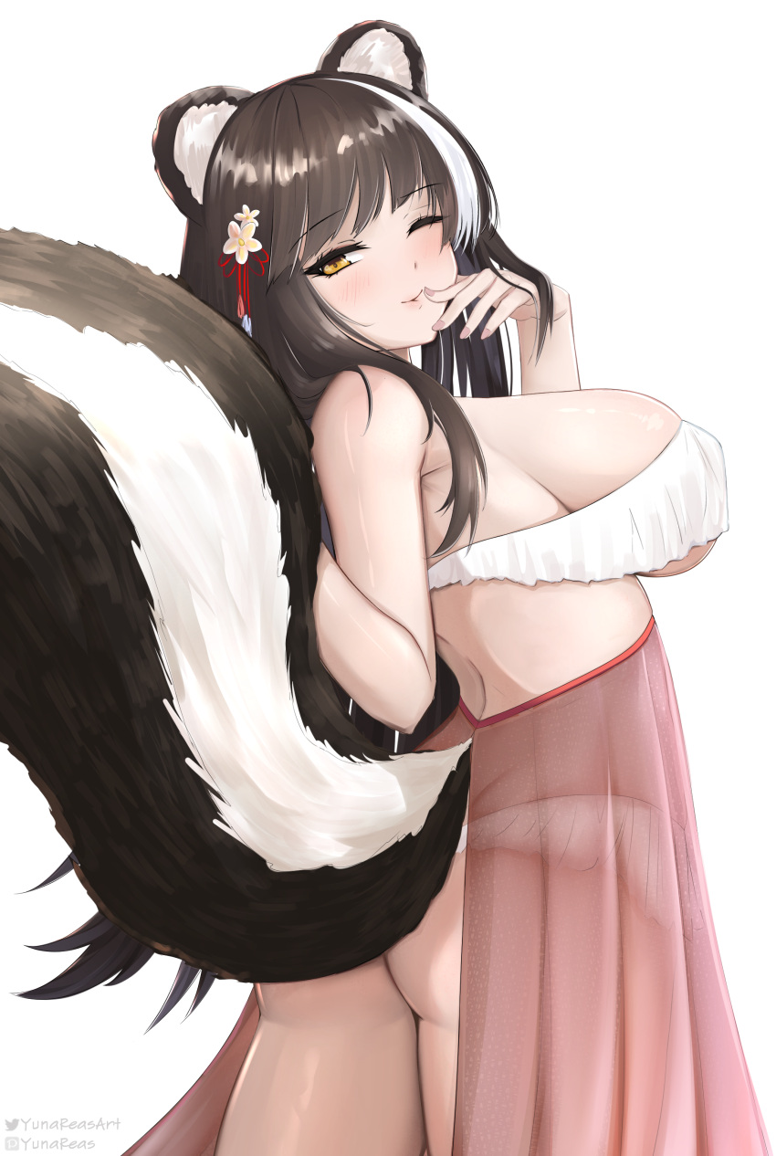 absurdres animal_ears artist_name ass azur_lane black_hair black_tail blush breasts commission female from_behind hair_ornament highres large_breasts long_hair looking_at_viewer multicolored_hair multicolored_tail naganami_(azur_lane) one_eye_closed parted_lips sideboob simple_background skindentation skunk_ears skunk_girl skunk_tail solo streaked_hair tail white_background white_hair white_tail yellow_eyes yunareas