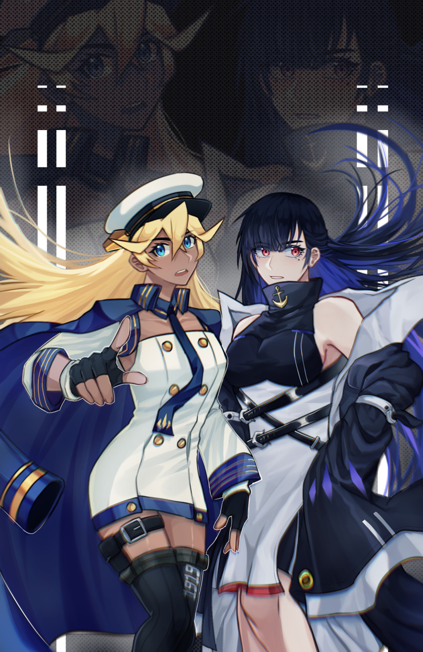 2girls absurdres azur_lane bare_shoulders belt black_gloves black_hair blonde_hair blue_coat blue_eyes blue_hair blue_necktie buttons chromatic_aberration coat colored_inner_hair dark-skinned_female dark_skin dress fingerless_gloves gloves hat highres long_hair looking_at_viewer military_uniform mole mole_under_eye multicolored_hair multiple_girls necktie open_mouth pan_(user_zdvk2337) peaked_cap pointing pointing_at_viewer red_eyes short_dress tennessee_(azur_lane) thigh_belt thigh_strap turtleneck uniform west_virginia_(azur_lane) white_dress white_headwear