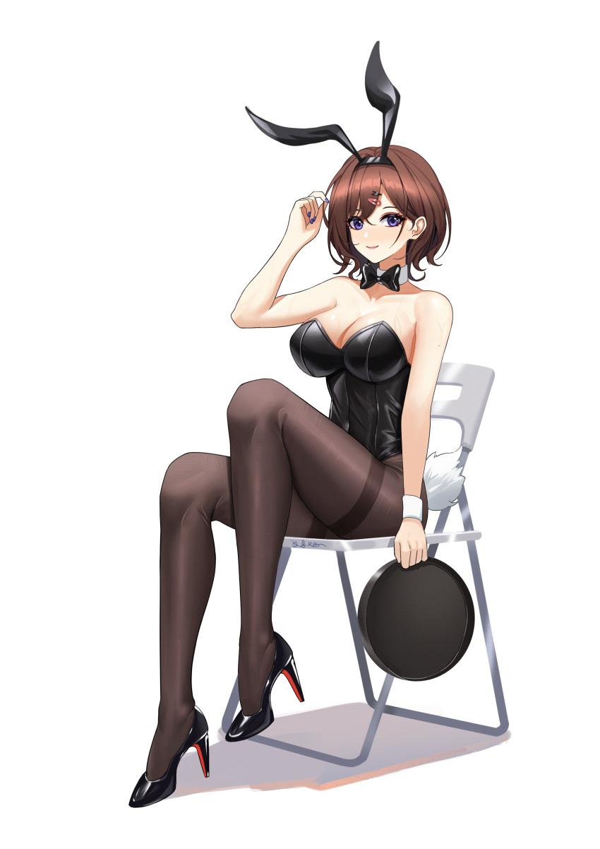 absurdres animal_ears bare_shoulders black_footwear black_leotard black_pantyhose blue_nails bow bowtie breasts brown_hair chair cleavage commentary_request detached_collar fake_animal_ears fake_tail female fingernails folding_chair full_body hair_ornament hairclip high_heels highres higuchi_madoka holding holding_tray idolmaster idolmaster_shiny_colors large_breasts leotard light_blush looking_at_viewer mole mole_under_eye nail_polish nanqizizhou on_chair pantyhose playboy_bunny purple_eyes rabbit_ears rabbit_tail short_hair simple_background single_wrist_cuff sitting smile solo strapless strapless_leotard tail thighband_pantyhose tray white_background white_wrist_cuffs wrist_cuffs