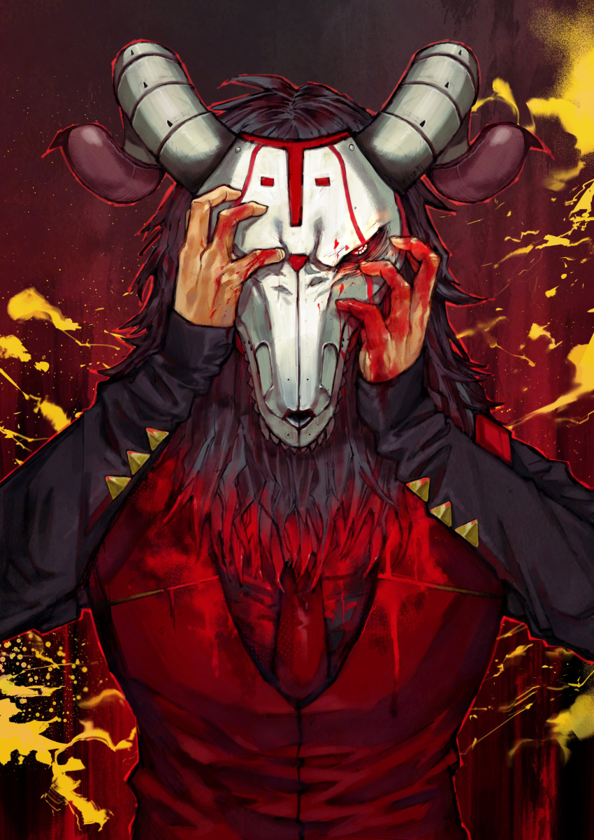 1boy absurdres apex_legends black_hair black_shirt blood blood_on_hands commentary_request hands_on_own_face helmet highres horns kaleb_cross long_sleeves looking_at_viewer male_focus necktie paint_splatter red_necktie red_vest revenant_(apex_legends) shiba_shiba shirt sleeves_past_wrists solo straight-on unholy_beast_revenant upper_body vest