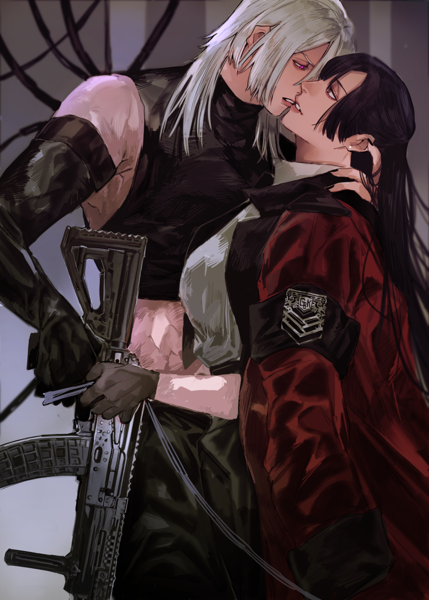 2girls absurdres ak-15 ak-15_(girls'_frontline) armband assault_rifle black_hair breasts brown_eyes defy_(girls'_frontline) elbow_gloves female_commander_(girls'_frontline) girls'_frontline gloves griffin_&_kryuger griffin_&_kryuger_military_uniform gun highres holding holding_weapon hug jacket junx0117 kalashnikov_rifle kissing multiple_girls open_clothes open_jacket purple_eyes red_jacket rifle tank_top weapon white_hair yuri