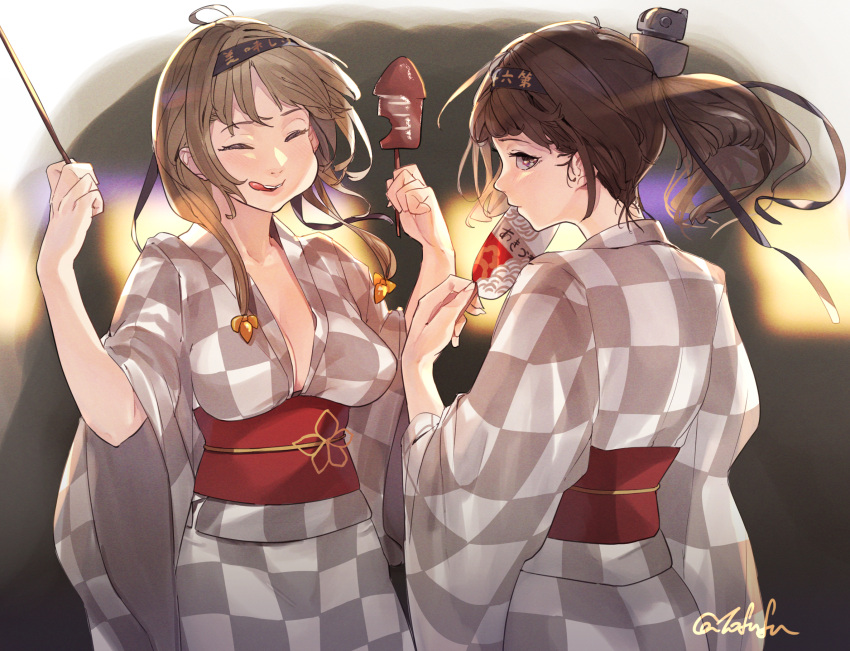 2girls ahoge akizuki_(kancolle) akizuki_(kancolle)_(cosplay) black_hair black_headband blush breasts brown_hair checkered_clothes checkered_kimono closed_eyes closed_mouth clothes_writing cosplay fuwafuwatoufu grey_kimono hachimaki hair_ornament headband highres japanese_clothes kantai_collection kimono long_hair long_sleeves medium_breasts multiple_girls obi open_mouth ponytail propeller_hair_ornament sash signature smile teruzuki_(kancolle) tongue tongue_out twitter_username wide_sleeves