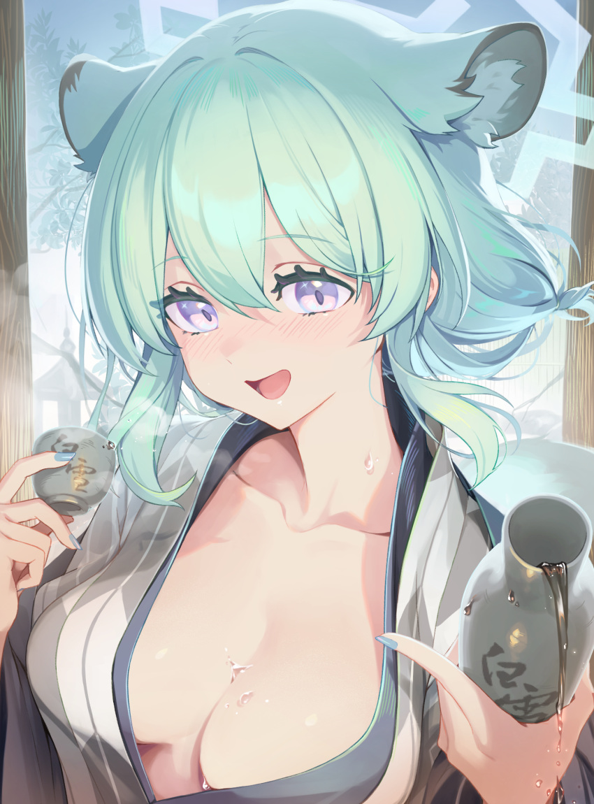 :d alcohol animal_ear_fluff animal_ears bath_yukata blue_archive blue_eyes blue_nails blurry blurry_background blush bottle breasts choko_(cup) collarbone cup english_commentary female green_hair grey_kimono hair_between_eyes highres holding indoors japanese_clothes kimono long_hair long_sleeves looking_at_viewer medium_breasts medium_hair no_bra official_alternate_costume onsen open_clothes open_mouth penguin_say purple_eyes sake sake_bottle shigure_(blue_archive) shigure_(hot_spring)_(blue_archive) shirt short_hair smile solo tail tokkuri upper_body water_drop weasel_ears weasel_girl weasel_tail wet white_shirt yukata