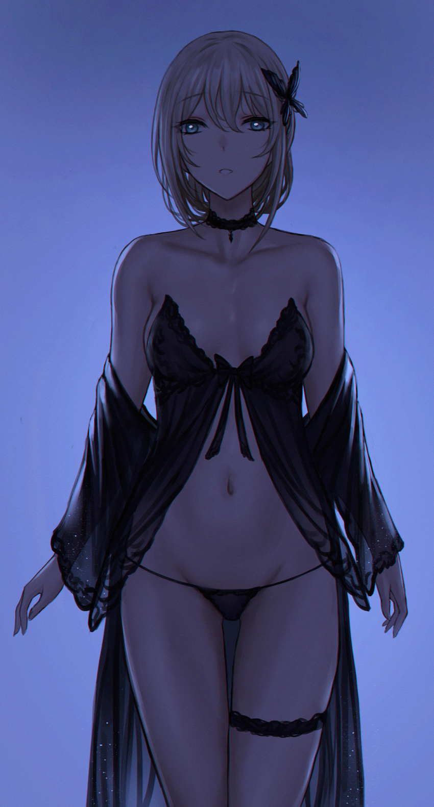 an-94_(girls'_frontline) bare_shoulders black_choker black_panties blue_background blue_eyes breasts butterfly_hair_ornament chinese_commentary choker cleavage collarbone commentary_request cowboy_shot female girls'_frontline grey_hair hair_ornament highres looking_at_viewer medium_breasts navel off_shoulder panties parted_lips selcky simple_background solo thigh_gap thigh_strap thighs underwear