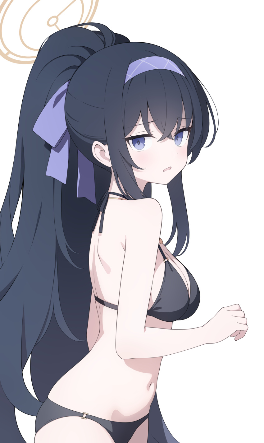 absurdres bare_arms bare_legs bare_shoulders bikini black_bikini black_hair blue_archive blush breasts cowboy_shot female hair_between_eyes hairband halo highres jyt long_hair looking_at_viewer navel official_alternate_costume open_mouth ponytail purple_eyes purple_hairband simple_background small_breasts solo swimsuit ui_(blue_archive) ui_(swimsuit)_(blue_archive) white_background