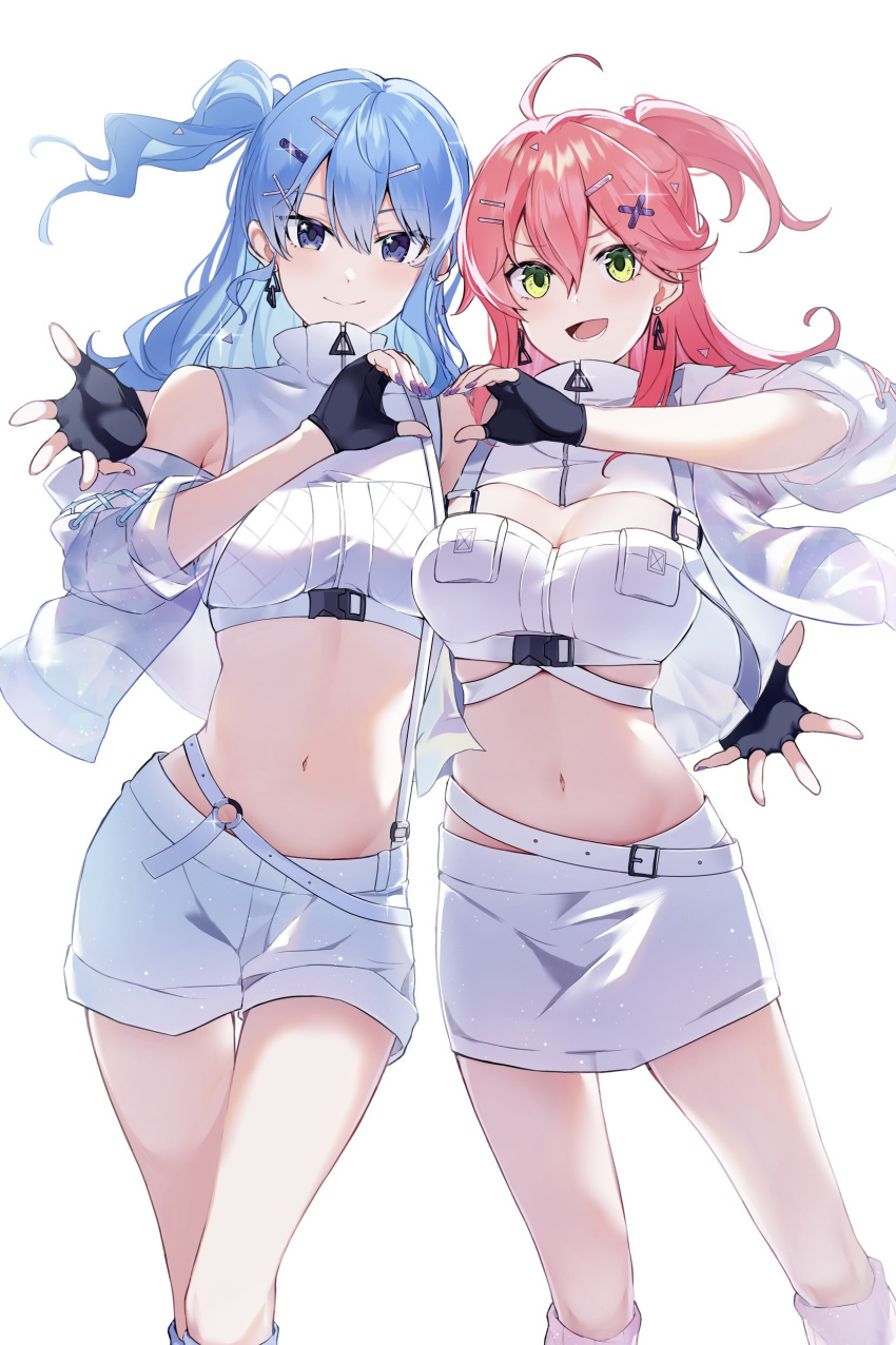 2girls absurdres ahoge arm_around_shoulder asymmetrical_hair aya02ka belt black_gloves blue_eyes blue_hair blush breasts cleavage cleavage_cutout closed_mouth clothing_cutout commentary crop_top cropped_jacket double-parted_bangs earrings feet_out_of_frame fingerless_gloves gloves green_eyes hair_between_eyes hair_ornament hairclip heart heart_hands heart_hands_duo highres hololive hoshimachi_suisei jacket jewelry kneehighs light_blue_hair long_hair looking_at_viewer medium_breasts micomet_(hololive) miniskirt multiple_girls nail_polish navel o-ring o-ring_belt official_alternate_costume open_clothes open_jacket open_mouth pencil_skirt pink_hair purple_nails sakura_miko short_shorts shorts side-by-side side_ponytail simple_background skirt smile socks standing star_(symbol) star_in_eye stomach sugar_rush_(hololive) symbol_in_eye thigh_gap triangle_earrings turtleneck underbust virtual_youtuber white_background white_belt white_jacket white_shorts white_skirt x_hair_ornament zipper_pull_tab