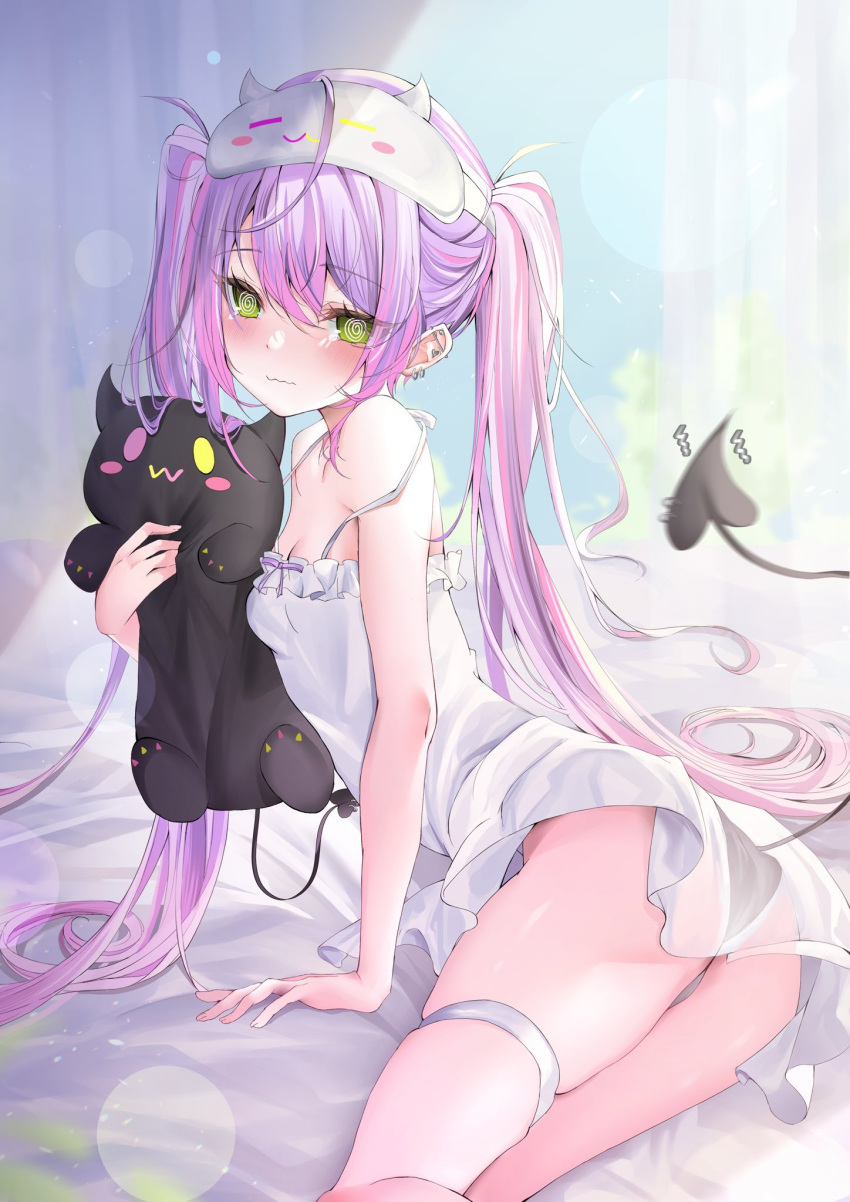 @_@ alternate_costume bibi_(tokoyami_towa) black_panties breasts demon_tail dress ear_piercing female green_eyes highres hololive multicolored_hair panties piercing pink_hair purple_hair ririge sleep_mask small_breasts streaked_hair tail tail_ornament tail_piercing thigh_strap tokoyami_towa twintails underwear virtual_youtuber white_dress