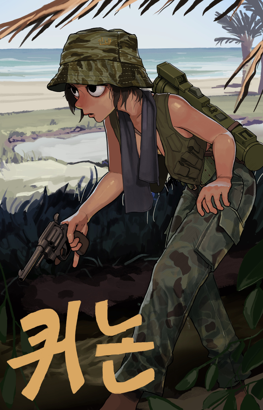 absurdres bad_id bad_pixiv_id beach bent_over bucket_hat camouflage camouflage_headwear camouflage_pants female green_vest gun handgun hat highres korean_text m72_law military ocean open_clothes open_vest original palm_tree pants revolver rifleman1130 rocket_launcher short_hair towel towel_around_neck tree vest weapon