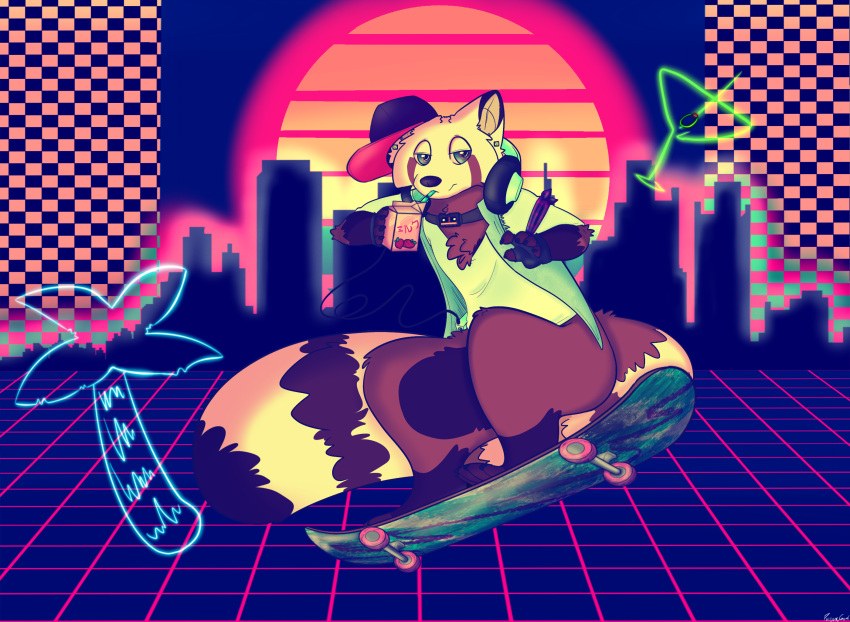 ailurid anthro cassette_tape checkered checkered_background city city_background clothing collar electronics grid_floor hat headgear headphones headphones_around_neck headwear heterochromia hi_res jean_vest long_tail male mammal milk_carton neon_lights pattern_background possumgod puck_(possumgod) red_panda shirt short_male simple_background skateboard skateboarding slim solo synthwave t-shirt tail topwear vehicle