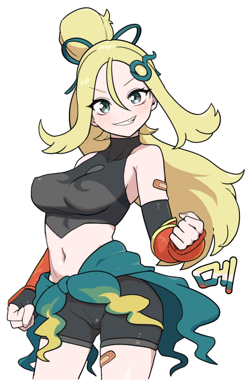 absurdres bandaid bandaid_on_arm bandaid_on_leg bike_shorts blonde_hair blush breasts clenched_hands cowboy_shot female highres korrina_(pokemon) korrina_(sygna_suit)_(pokemon) me_(thesad0818) medium_breasts midriff navel official_alternate_costume pokemon pokemon_masters_ex ponytail simple_background solo white_background