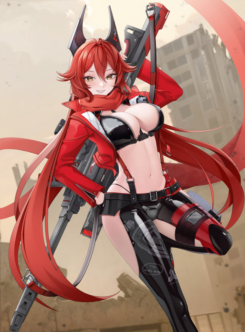 absurdres ahoge akaisu belt black_belt black_gloves black_jacket black_pants breasts cleavage commentary cropped_jacket crotch_plate female fingerless_gloves gloves goddess_of_victory:_nikke grin gun hair_between_eyes hand_on_own_hip highres hip_vent holding holding_gun holding_weapon horns jacket large_breasts leather leather_jacket leather_pants long_hair long_sleeves looking_at_viewer mechanical_horns navel open_clothes open_jacket outdoors paid_reward_available pants red_hair red_hood_(nikke) red_jacket red_scarf rifle scarf sidelocks smile sniper_rifle solo standing standing_on_one_leg stomach suspenders teeth unzipped weapon yellow_eyes