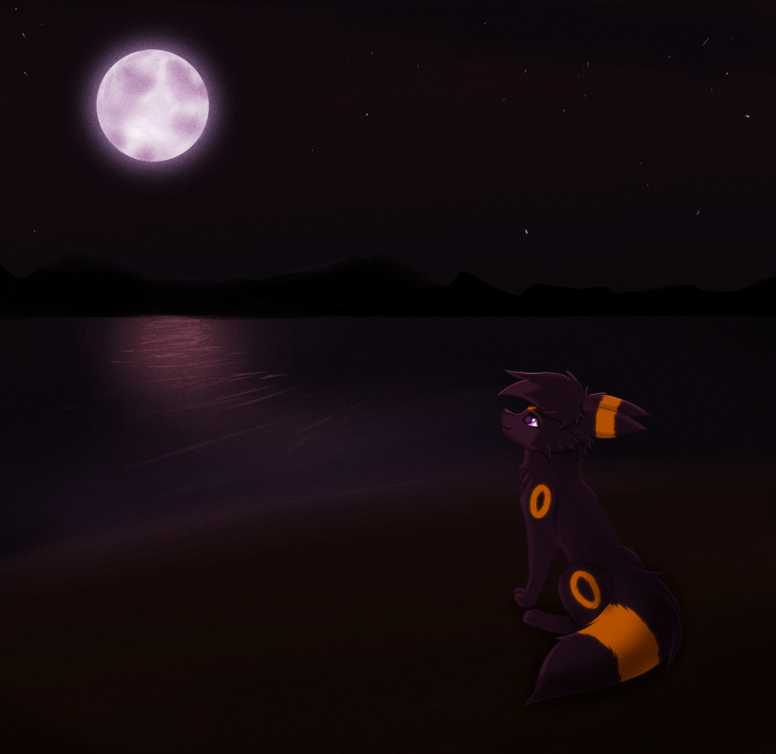 beach canid canine eeveelution fan_character female feral fluffy fluffy_tail fur fur_markings generation_2_pokemon hair happy head_tuft hi_res joeumbre light looking_away mammal markings moon moonlight night nintendo pokemon pokemon_(species) purple_eyes rita_(joeumbre) sand sea seaside shaded sky smile solo star tail tuft umbreon water