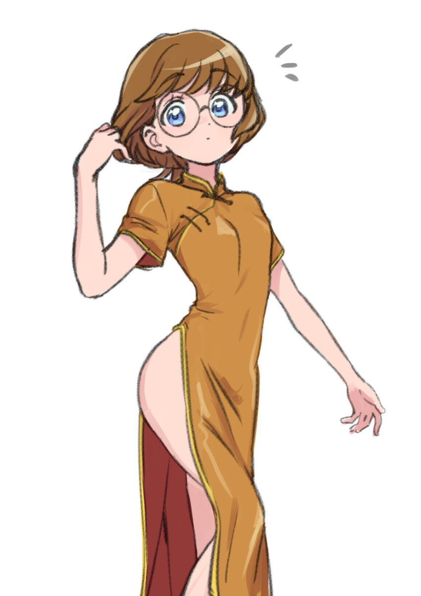 alternate_costume blue_eyes bob_cut brown_hair china_dress chinese_clothes closed_mouth covered_navel dot_mouth dot_nose dress feet_out_of_frame female glasses hand_up highres ichinose_minori knee_up looking_at_viewer notice_lines orange_dress precure round_eyewear short_hair short_sleeves side_slit solo swept_bangs tankobukids tropical-rouge!_precure white_background