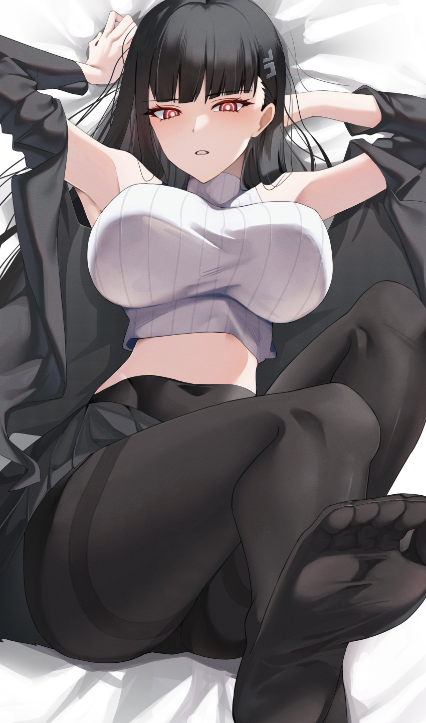 absurdres armpits bed_sheet black_hair black_pantyhose blue_archive blush breasts bright_pupils female foreshortening hair_ornament hairpin halo highres katagirinanoka large_breasts long_hair looking_at_viewer open_mouth pantyhose red_eyes rio_(blue_archive) solo white_pupils