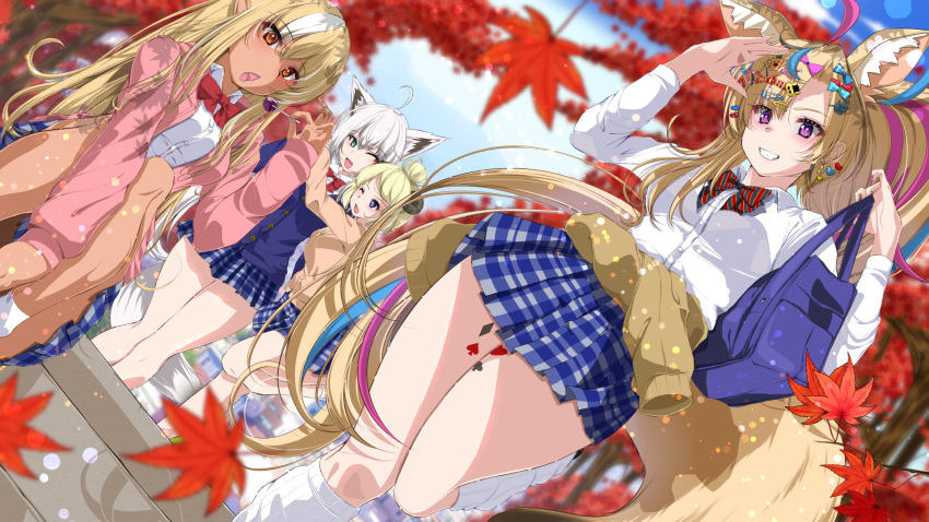 4girls ahoge animal_ear_fluff animal_ears autumn_leaves bakatare_(hololive) blonde_hair blue_eyes blue_skirt blue_vest breasts commentary dark-skinned_female dark_skin fox_ears fox_girl fox_tail highres hiro_(phese) hololive horns large_breasts leg_tattoo long_hair looking_at_viewer medium_breasts multicolored_hair multiple_girls omaru_polka omaru_polka_(school_uniform) open_mouth orange_eyes pink_vest purple_eyes sheep_ears sheep_girl sheep_horns shirakami_fubuki shiranui_flare shiranui_flare_(4th_costume) shirt skirt smile streaked_hair tail tattoo tsunomaki_watame vest virtual_youtuber white_hair white_shirt