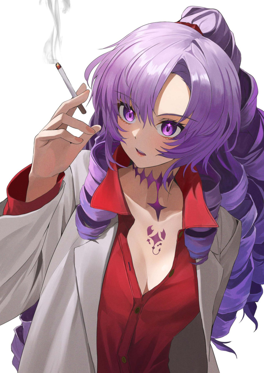 blush chakuma_(yiyh1468) cigarette collared_shirt commentary_request cosplay dress_shirt drill_hair female highres holding holding_cigarette hyakumantenbara_salome jacket kiryu_kazuma kiryu_kazuma_(cosplay) long_hair neck_tattoo nijisanji open_mouth ponytail purple_eyes purple_hair red_shirt ryuu_ga_gotoku_(series) shirt simple_background smoke smoking solo tattoo virtual_youtuber white_background white_jacket