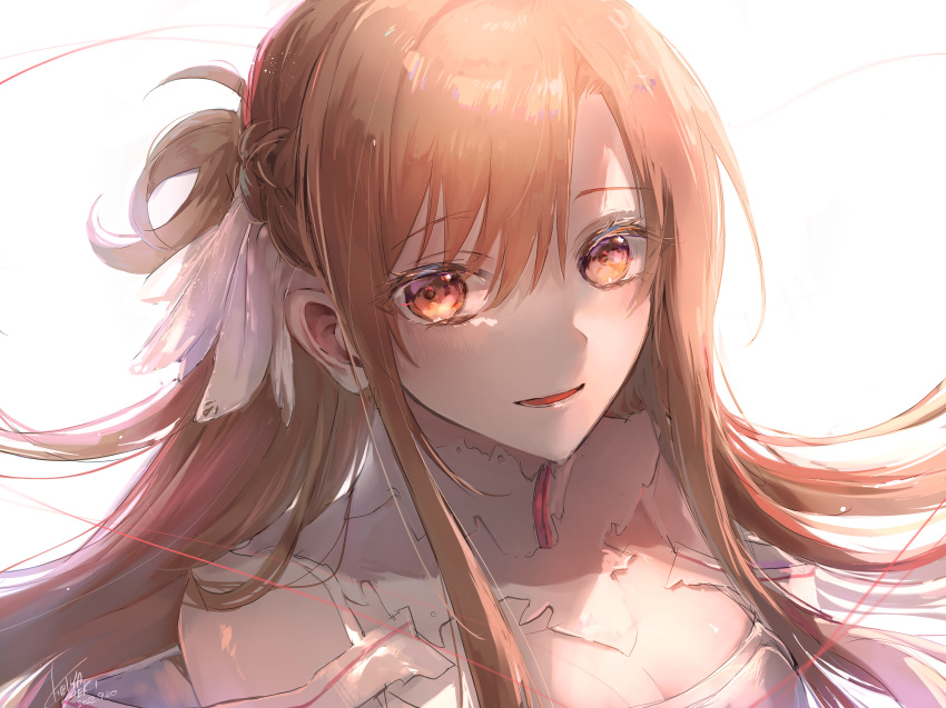 asuna_(sao) asuna_(stacia) braid breasts brown_eyes brown_hair cleavage collar commentary dated detached_collar dress english_commentary female hair_between_eyes hair_ribbon half_up_braid hibiya_saeki highres long_hair looking_at_viewer medium_breasts mixed-language_commentary open_mouth ribbon short_ponytail signature smile solo sword_art_online sword_art_online:_alicization sword_art_online:_alicization_-_war_of_underworld upper_body white_background white_collar white_dress white_ribbon