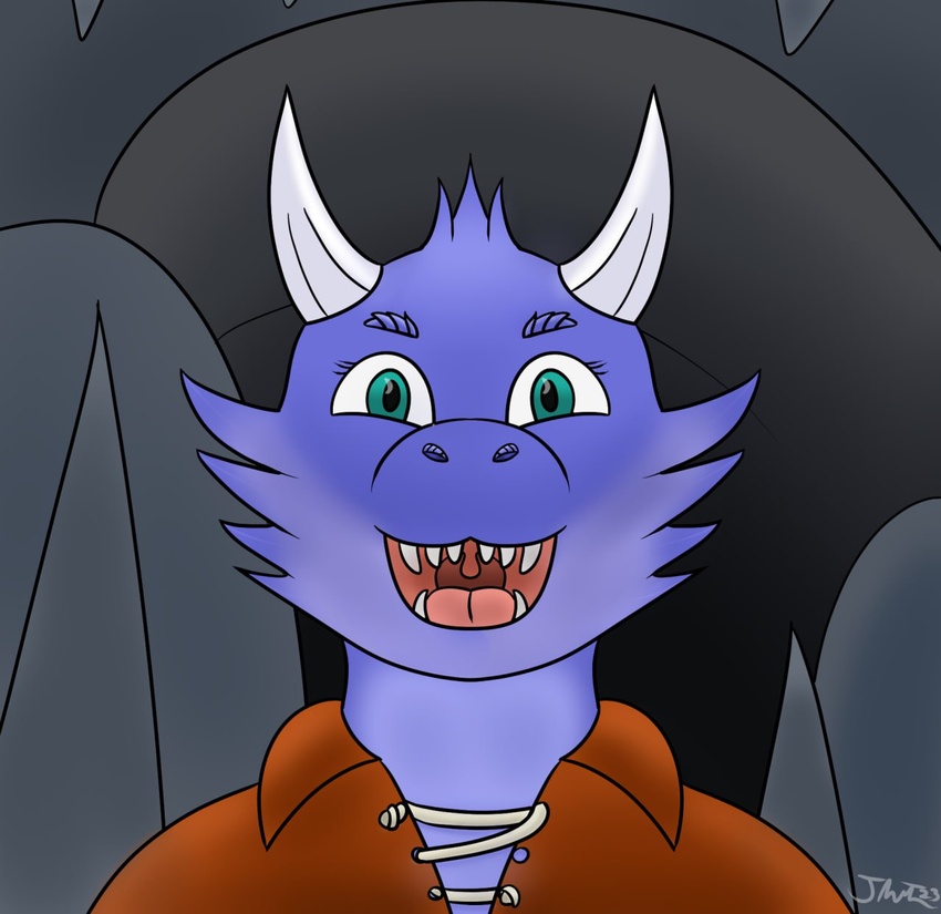 2023 anthro bennybug blue_body bust_portrait cave clothing digital_media_(artwork) female front_view gaping_mouth hi_res horn kobold leather leather_clothing leather_topwear looking_at_viewer loskra open_mouth portrait sharp_teeth shimmering_spectrum signature smile solo teeth topwear uvula