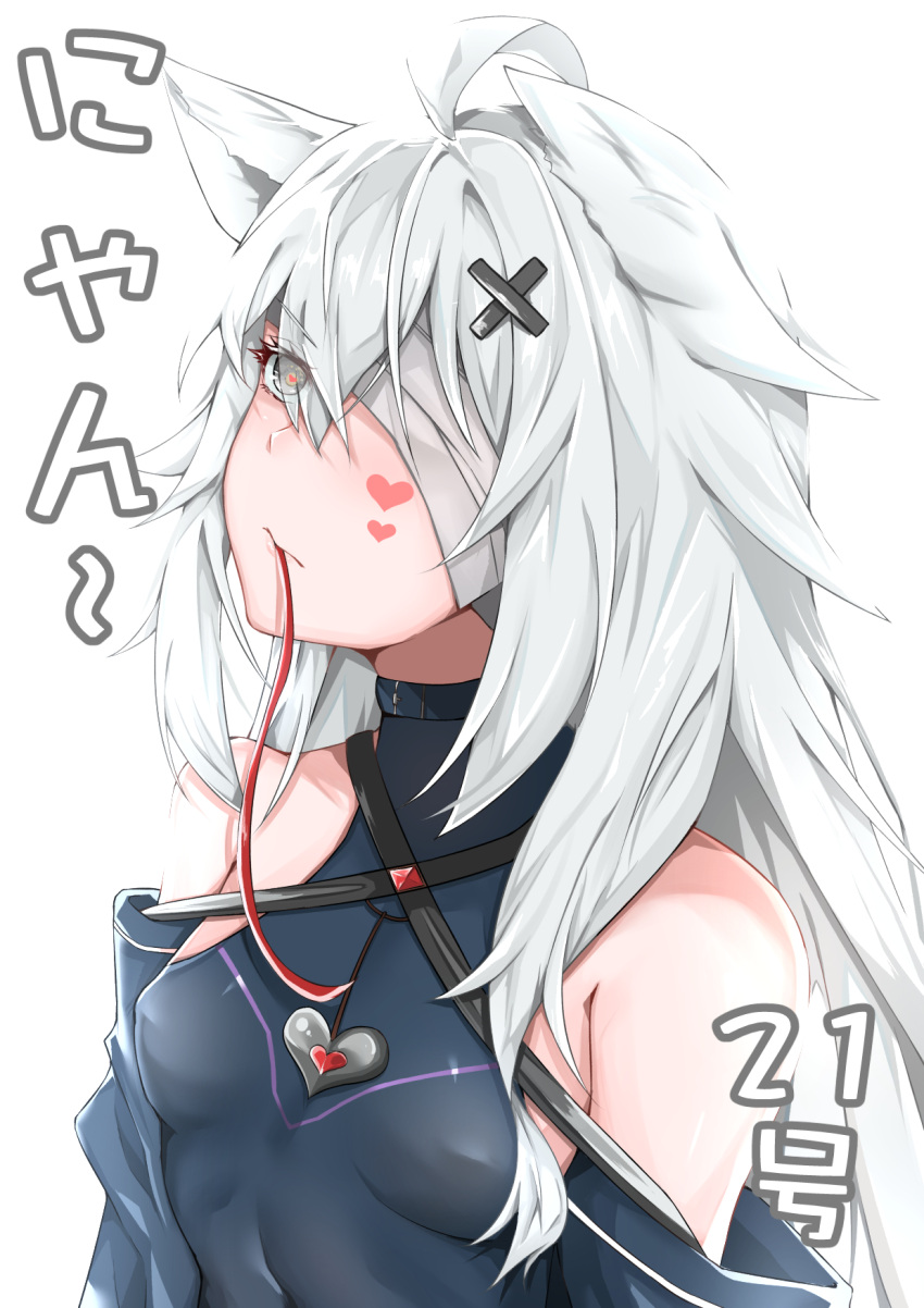 animal_ears bandage_over_one_eye bare_shoulders black_bodysuit black_sleeves bodysuit breasts character_name detached_sleeves female grey_eyes grey_hair hair_between_eyes hair_ornament heart heart-shaped_pupils highres long_hair no.21:_feral_scent_(punishing:_gray_raven) no.21_(punishing:_gray_raven) punishing:_gray_raven small_breasts symbol-shaped_pupils trnr wolf_ears x_hair_ornament