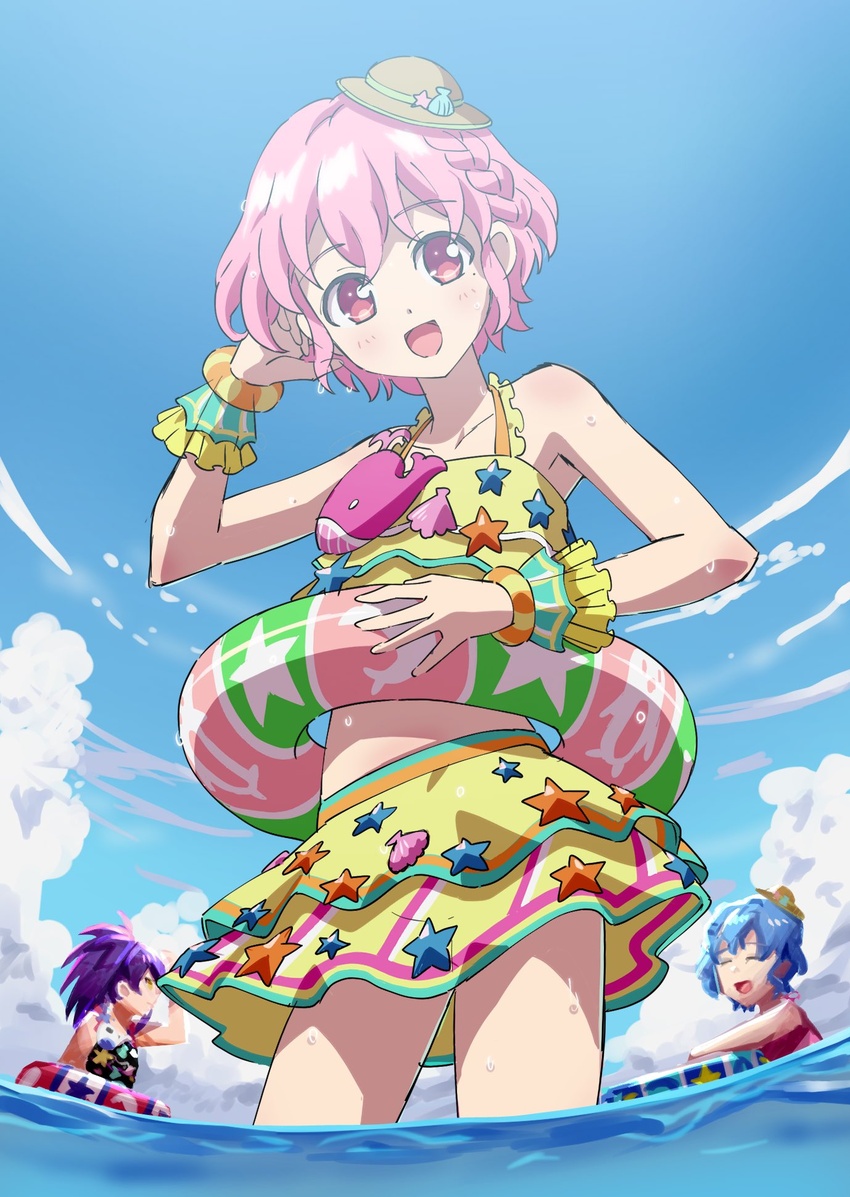 1boy 2girls :d bikini bikini_skirt blue_hair blue_sky blush braid brother_and_sister cloud commentary_request cowboy_shot crossdressing day dorothy_west edamame_(buruburu) frilled_bikini frills hair_between_eyes hand_up hat highres holding holding_swim_ring innertube long_hair looking_at_viewer mini_hat mole mole_under_eye multiple_girls navel ocean open_mouth otoko_no_ko outdoors partially_submerged pink_eyes pink_hair pretty_series pripara purple_hair reona_west seashell shell short_hair siblings side_braid sky smile solo_focus standing star_(symbol) straw_hat swim_ring swimsuit toudou_shion twins water water_drop whale wrist_cuffs yellow_bikini