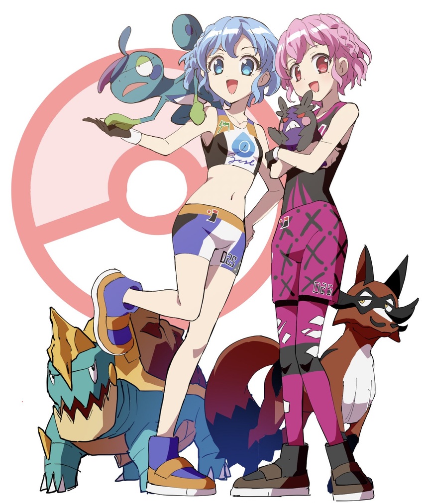 1boy :d bare_shoulders black_gloves black_shirt blue_eyes blue_hair breasts brother_and_sister commentary_request cosplay cropped_shirt crossdressing crossover dorothy_west drednaw drizzile edamame_(buruburu) female full_body gloves gym_challenge_uniform highres holding holding_pokemon looking_at_viewer midriff mole mole_under_eye morpeko morpeko_(hangry) navel on_shoulder open_mouth otoko_no_ko pantyhose pink_eyes pink_hair pink_shorts poke_ball pokemon pokemon_(creature) pokemon_on_shoulder pokemon_swsh pretty_series pripara purple_footwear reona_west shirt shoes short_hair shorts siblings small_breasts smile sportswear standing standing_on_one_leg thievul torn_clothes torn_pantyhose twins