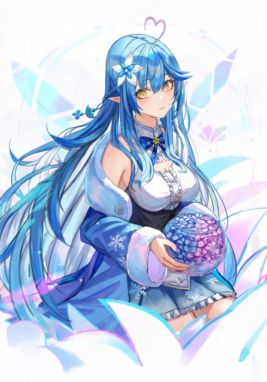 absurdres ahoge blue_coat blue_hair blue_skirt bowl breasts cleavage cleavage_cutout clothing_cutout coat commentary female flower fur-trimmed_coat fur_trim hair_flower hair_ornament heart heart_ahoge highres holding holding_bowl hololive large_breasts long_hair looking_at_viewer multicolored_hair pointy_ears shirt skirt sleeveless sleeveless_shirt snow_print solo streaked_hair tachikana virtual_youtuber white_shirt yellow_eyes yukihana_lamy yukihana_lamy_(1st_costume)