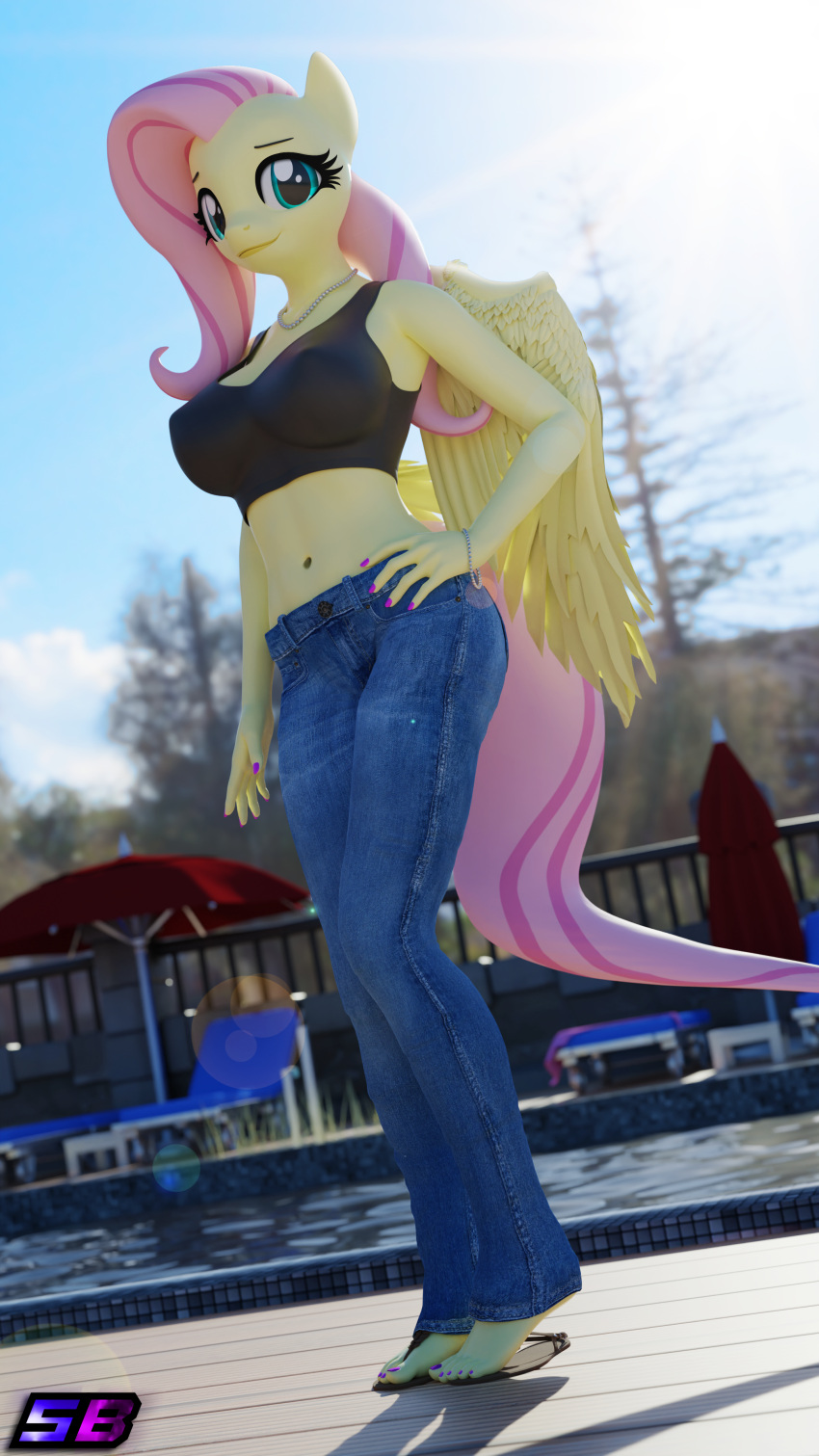 3d_(artwork) 4k 5_toes 9:16 absurd_res anthro anthrofied beach_umbrella bottomwear bracelet breasts clothed clothing colored_nails colored_toenails crop_top cropped_tank_top day denim denim_bottomwear denim_clothing digital_media_(artwork) equid equine erect_nipples feathered_wings feathers feet female flip_flops floor fluttershy_(mlp) footwear friendship_is_magic fully_clothed gem hand_on_hip hasbro hi_res humanoid_feet jeans jewelry lens_flare looking_at_viewer mammal midriff my_little_pony mythological_creature mythological_equine mythology nails navel necklace nipples outside pants parasol pearl_(gem) pearl_bracelet pearl_necklace pegasus plant plantigrade pool_chair poolside sandals shadowboltsfm shirt solo swimming_pool tail tiptoes toenails toes topwear tree water wings wood wood_floor