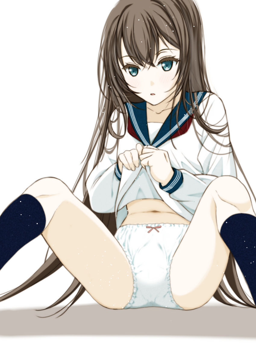 black_hair black_socks blue_eyes blue_sailor_collar bow bow_panties clothes_lift commentary female highres lifting_own_clothes long_hair long_sleeves looking_at_viewer m_legs moonsorrow navel neckerchief original panties parted_lips red_neckerchief sailor_collar school_uniform serafuku shirt shirt_lift simple_background sitting socks solo underwear very_long_hair white_background white_panties white_shirt