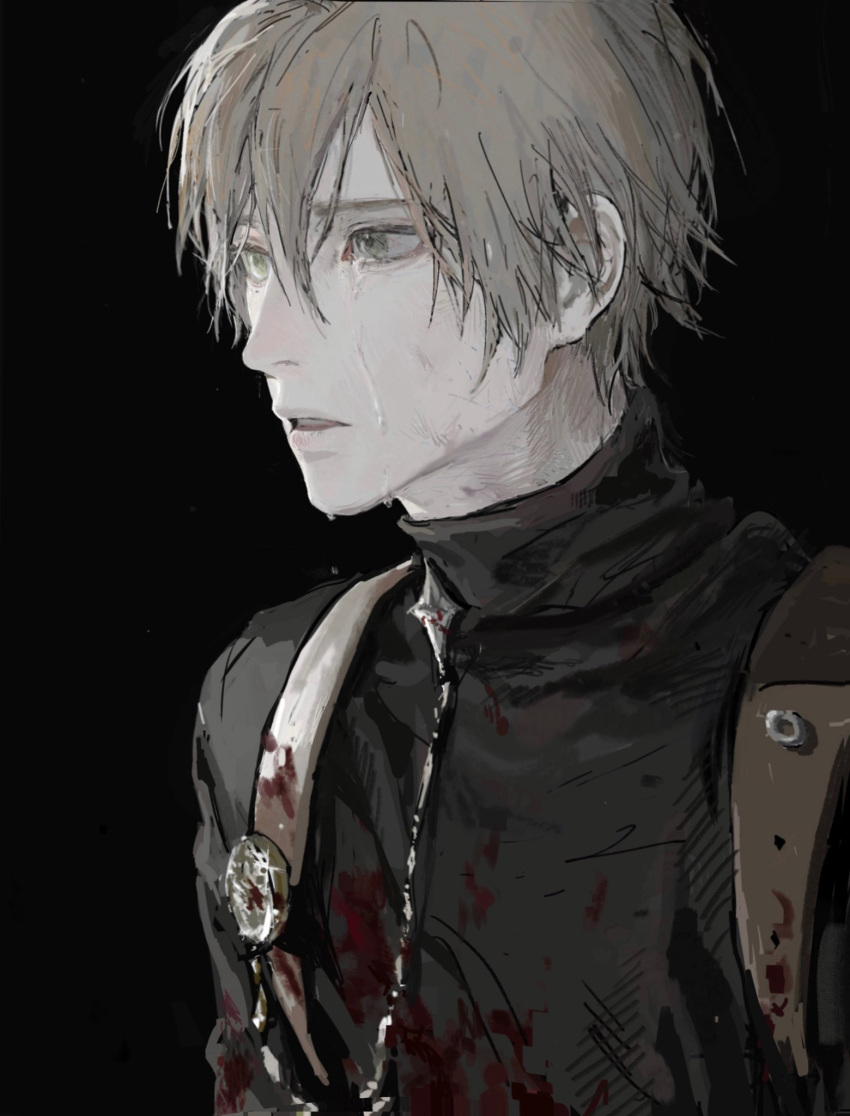 1boy black_background black_sweater blood brown_hair collar_x_malice green_eyes hair_between_eyes highres holster male_focus open_mouth qunqing123 saeki_yuzuru short_hair shoulder_holster simple_background solo sweater tears turtleneck turtleneck_sweater upper_body