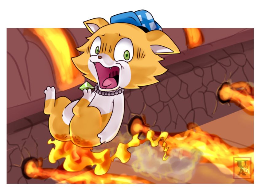 alpha_channel amber_fur anthro ass burning butt_on_fire canid canine canis checkered checkered_clothing checkered_hat checkered_headgear checkered_headwear chibi clothing digital_media_(artwork) domestic_dog fire flat_cap fur gem hand_on_butt hat headgear headwear herding_dog jewelpet jewelry lava male mammal necklace nephrite_(jewelpet) open_mouth pain pastoral_dog pattern_clothing pattern_hat pattern_headgear pattern_headwear pembroke_welsh_corgi pequedark-velvet sanrio sega sega_fave solo welsh_corgi white_body white_fur