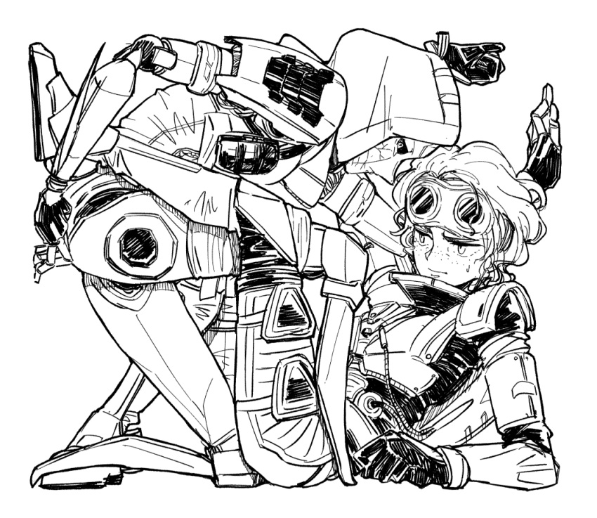 2girls android animification apex_legends ash_(titanfall_2) cable freckles goggles goggles_on_head greyscale hood hood_up hooded_leotard horizon_(apex_legends) looking_down lying monochrome mononobex multiple_girls nervous short_hair simulacrum_(titanfall) spacesuit stuck_in_a_box sweatdrop v-shaped_eyebrows