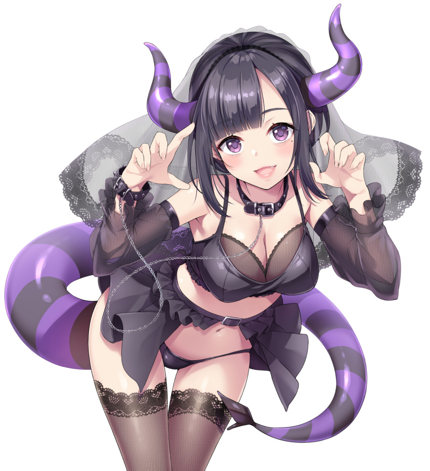 akizora_momiji black_bra black_collar black_hair black_panties black_sleeves black_thighhighs black_veil bra bracelet breasts chains cleavage collar commentary_request demon_girl demon_horns demon_tail detached_sleeves female highres horns jewelry lace-trimmed_bra lace_sleeves lace_thighhighs lace_trim lace_veil large_breasts leaning_forward medium_hair mole mole_under_eye navel oerba_yun_fang open_mouth panties parted_bangs purple_eyes real_life sidelocks simple_background solo standing striped_horns striped_tail tail thigh_gap thighhighs thighs underwear veil white_background