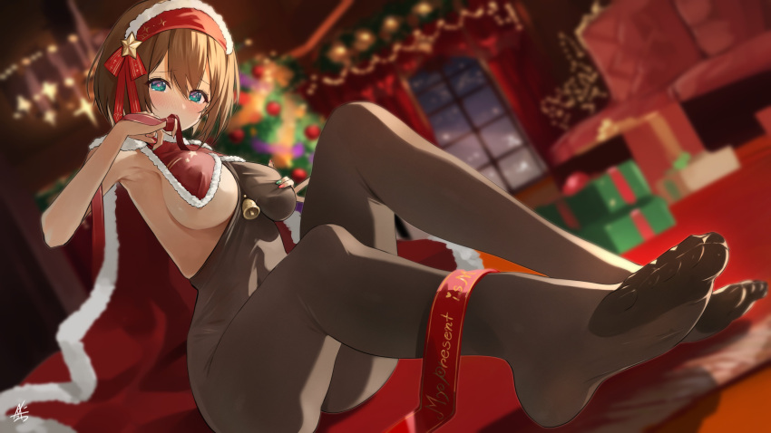 absurdres aogiri_koukou armpits bell blue_eyes blurry blurry_background blush bob_cut bodystocking bow box breasts brown_hair cape christmas_tree covered_navel feet female fur-trimmed_cape fur-trimmed_hairband fur_trim gift gift_box grabbing_own_breast green_nails hairband hairbow highres kkix25 kurikoma_komaru red_bow red_cape red_curtains red_hairband red_nails red_ribbon ribbon short_hair signature solo star_(symbol) toes two-tone_nails virtual_youtuber window