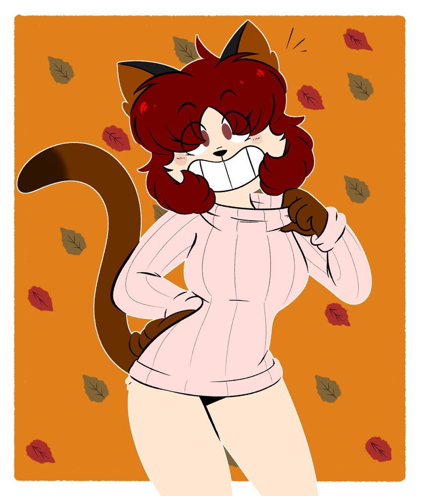 2019 4_fingers anthro autumn autumn_leaves bangs bar_emanata bean_mouth black_ears black_emanata black_markings black_nose border bottomless bottomless_anthro bottomless_female breasts brown_inner_ear brown_markings brown_tail cat_tail cheek_tuft clothed clothing collar collar_pull colored contrapposto digital_drawing_(artwork) digital_media_(artwork) dipstick_tail domestic_cat emanata eye_through_hair eyebrow_through_hair eyebrows eyelashes eyelashes_through_hair facial_tuft felid feline felis female fingers fur gloves_(marking) hair hand_on_hip happy hi_res hip_tuft kabula_(artist) leaf leaf_background long_tail looking_at_viewer mammal markings no_pupils open_mouth open_smile orange_background outline partially_clothed partially_clothed_anthro partially_clothed_female pink_clothing pink_sweater pink_topwear prick_ears priscilla_(kabula) red_eyes red_hair simple_background smile solo sweater sweater_only tail tail_markings tan_tuft topwear topwear_only translucent translucent_hair tuft white_border white_outline