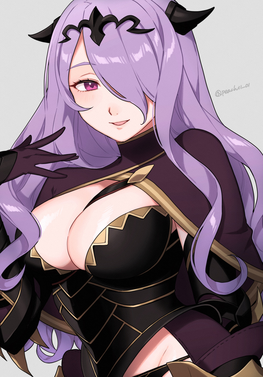 armor black_armor black_panties blush breast_strap breasts camilla_(fire_emblem) capelet cleavage fake_horns female fire_emblem fire_emblem_fates gloves hair_over_one_eye highres horned_headwear horns large_breasts long_hair looking_at_viewer open_mouth panties peach11_01 pink_eyes purple_hair simple_background smile solo tiara underwear upper_body very_long_hair wavy_hair