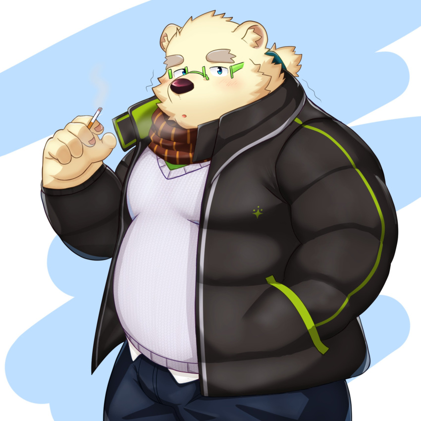 1:1 absurd_res anthro bear belly cigarette clothing eyebrows eyewear fur glasses hi_res jacket leib_(tas) lifewonders male mammal overweight overweight_male polar_bear ruoain smoking solo thick_eyebrows tokyo_afterschool_summoners topwear ursine white_body white_fur