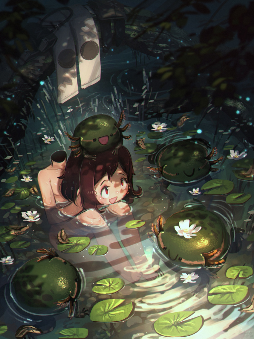 :d animal_on_head bathing completely_nude disembodied_head dullahan enne_(porforever) fantasy female flower green_theme headless highres holding_head lake lily_pad nude on_head original partially_submerged porforever red_eyes red_hair smile solo twintails water_lily_flower