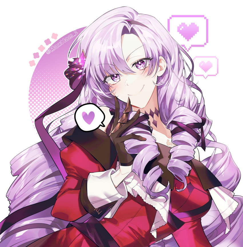 absurdres black_gloves blush bow breasts closed_mouth commentary_request dress drill_hair female finger_claws gem gem_hair_ornament gloves hair_between_eyes hair_ribbon hairband hairbow heart highres hyakumantenbara_salome hyakumantenbara_salome_(1st_costume) juliet_sleeves long_bangs long_hair long_sleeves looking_at_viewer maxham_2 medium_bangs medium_breasts nijisanji parted_bangs puffy_sleeves purple_bow purple_eyes purple_gemstone purple_hair purple_hairband purple_ribbon quad_drills red_dress ribbon smile solo twitter_username upper_body virtual_youtuber white_background