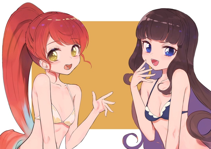 2girls :d blue_bra blue_eyes blush bra breasts brown_hair cleavage hand_on_own_face kurosu_aroma long_hair looking_at_viewer multiple_girls oerba_yun_fang open_mouth ponytail pretty_series pripara pushuun red_hair shiratama_mikan simple_background smile underwear underwear_only yellow_eyes