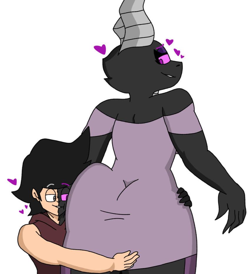 anthro ass big_butt black_body breasts butt_grab clothed clothing digital_media_(artwork) dragon dress duo ender_dragon enderbendr enderman evander_(endrslendr) female hand_on_butt heart_symbol hi_res horn hug hugging_another hugging_butt human looking_at_butt lydia_(endrslendr) makeup male mammal microsoft minecraft mojang mythological_creature mythological_scalie mythology scalie simple_background smile thick_thighs xbox_game_studios