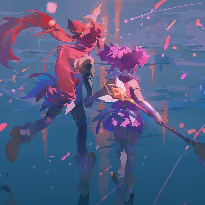 2girls arm_up bare_shoulders commentary elbow_gloves emmmerald from_behind gloves green_background hair_ornament highres holding holding_hands holding_staff index_finger_raised jinx_(league_of_legends) league_of_legends long_hair lux_(league_of_legends) multicolored_background multiple_girls pink_shirt pink_skirt pointing pointing_up red_hair shirt shoes skirt staff standing star_(symbol) star_guardian_(league_of_legends) star_guardian_jinx star_guardian_lux star_hair_ornament twintails unfinished white_gloves