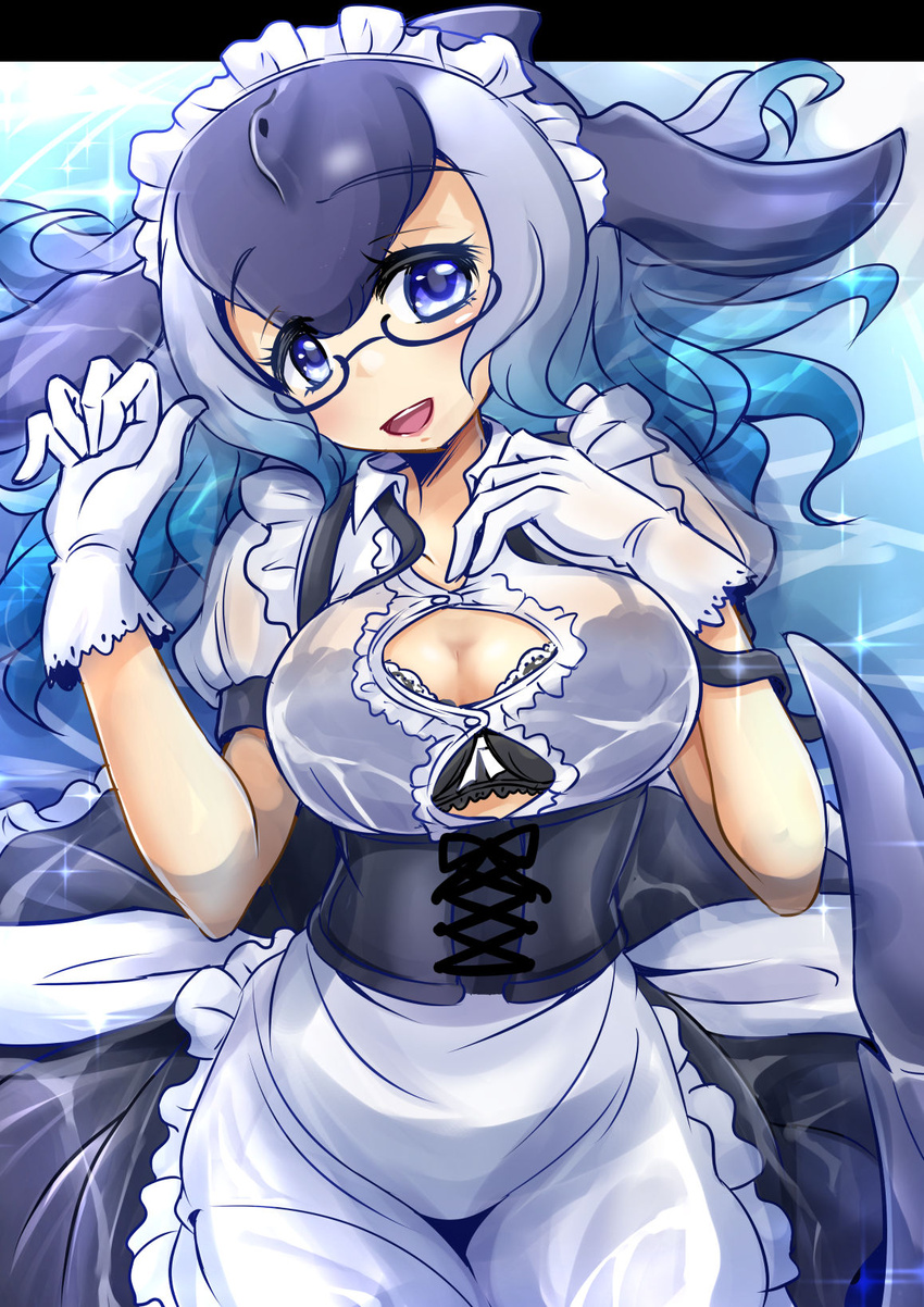 apron black_bra blowhole blue_eyes blue_hair blue_whale_(kemono_friends) blush bra breasts cetacean_tail cleavage corset dress female fins fish_tail glasses gloves grey_hair hair_ornament highres kemono_friends kemono_friends_3 large_breasts long_hair looking_at_viewer maid_apron multicolored_hair open_mouth see-through sekiguchi_miiru smile sweater tail underwear