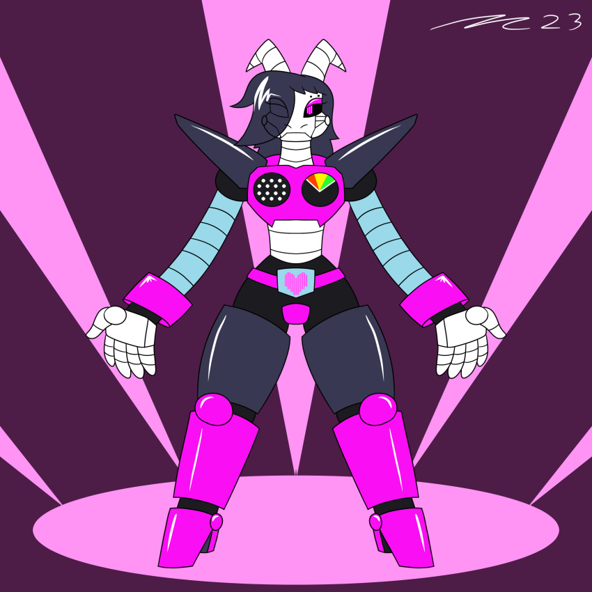 1:1 absurd_res alternate_species anthro armor black_hair boss_monster_(undertale) bovid caprine goat hair hi_res horn mac-daddy machine male mammal mettaton mettaton_ex pink_light robot robotic robotic_arm robotic_leg undertale undertale_(series) white_head