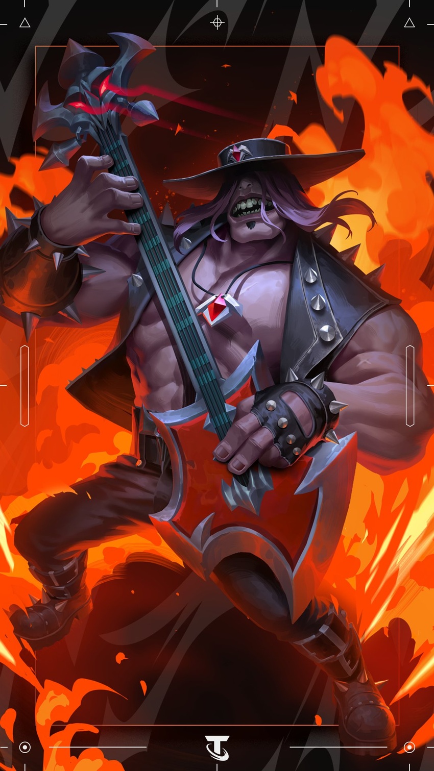 1boy abs black_footwear black_gloves black_pants electric_guitar english_commentary facial_hair fingerless_gloves fingernails gloves goatee guitar highres instrument jewelry league_of_legends male_focus muscular muscular_male music necklace official_alternate_costume official_alternate_hairstyle official_art pants pentakill_yorick playing_guitar solo teamfight_tactics teeth yorick_(league_of_legends)