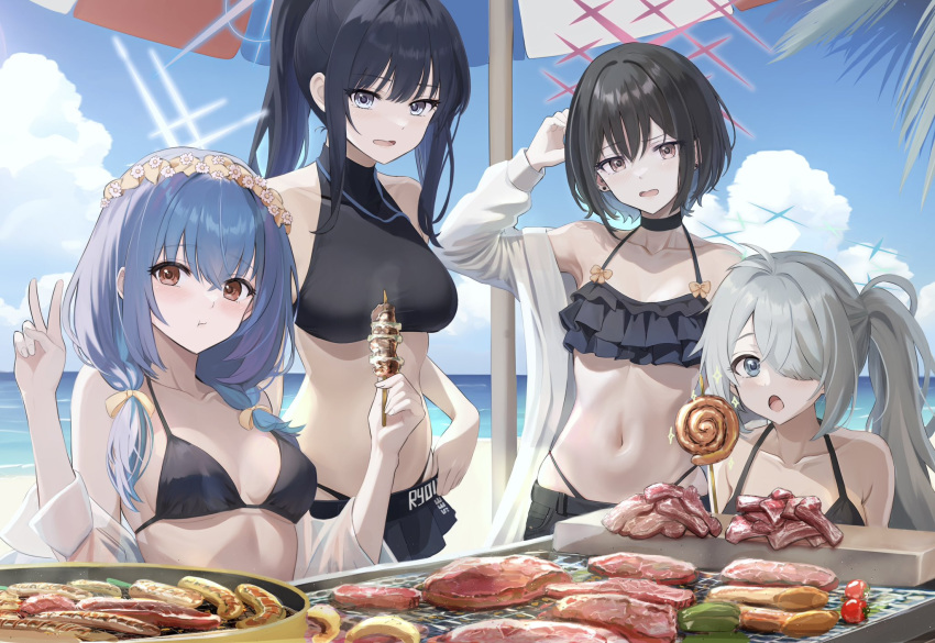 4girls :t alternate_costume arius_squad_(blue_archive) atsuko_(blue_archive) beach beach_umbrella bikini black_bikini black_hair blue_archive blue_eyes blue_halo blue_sky blunt_bangs blush bow breasts brown_hair closed_mouth cloud cloudy_sky collarbone commentary_request cooking eating food frilled_bikini frilled_bikini_top frills grey_eyes grey_hair grilling hair_between_eyes hair_intakes hair_over_one_eye hairbow halo halterneck head_wreath highleg highleg_panties highres hiyori_(blue_archive) looking_at_viewer low_twintails meat medium_breasts midriff misaki_(blue_archive) multiple_girls navel ocean off_shoulder open_clothes open_mouth open_shirt outdoors panties parted_bangs ponytail purple_hair red_eyes red_halo ryouta_(ryouta335) saori_(blue_archive) see-through see-through_shirt shirt short_hair sky small_breasts stomach swimsuit twintails umbrella underwear white_halo white_shirt yellow_bow