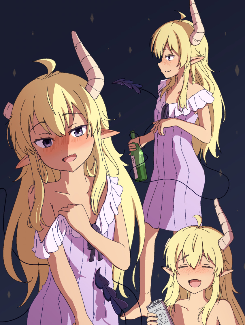 2022 :d ahoge bare_shoulders black_background blonde_hair blush bottle can closed_eyes collarbone commentary dark-skinned_female dark_skin dated_commentary demon_girl demon_horns demon_tail dress drunk female flat_chest foot_out_of_frame grey_eyes hand_up head_tilt highres holding holding_bottle holding_can horns lilith_(machikado_mazoku) long_hair looking_at_viewer machikado_mazoku multiple_views nose_blush oerba_yun_fang off_shoulder open_mouth pointy_ears profile purple_dress sake_bottle seductive_smile sidelocks simple_background skin_fang sleeveless sleeveless_dress smile tail tsurime wavy_hair yunoppi