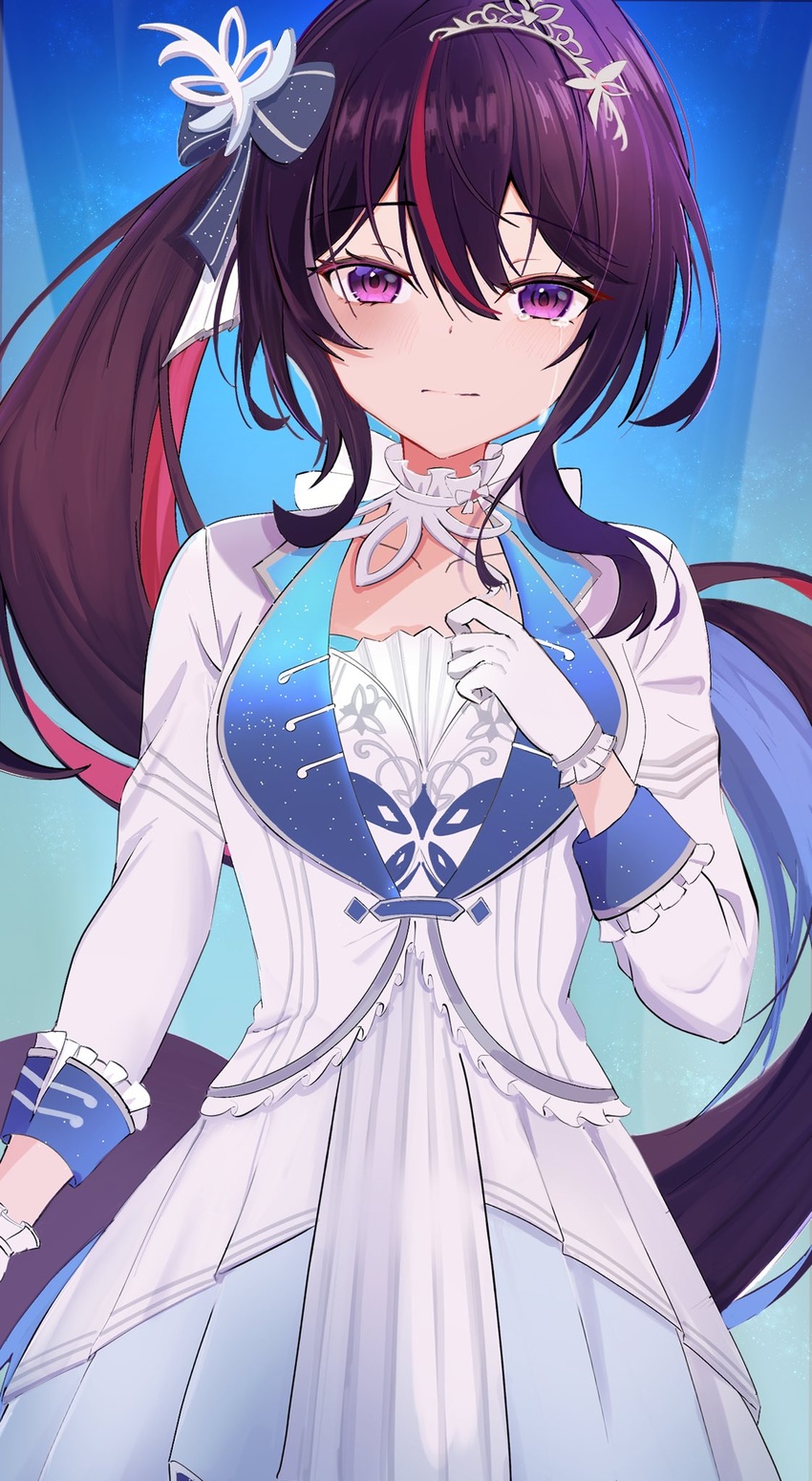 azki_(5th_costume)_(hololive) azki_(hololive) black_hair choker closed_mouth crying crying_with_eyes_open dress female frilled_choker frills gloves hair_between_eyes hair_ornament highres hololive long_hair long_sleeves looking_at_viewer multicolored_hair official_alternate_costume purple_eyes red_hair side_ponytail sidelocks solo streaked_hair tears umikotatsu upper_body very_long_hair virtual_youtuber white_choker white_dress white_gloves