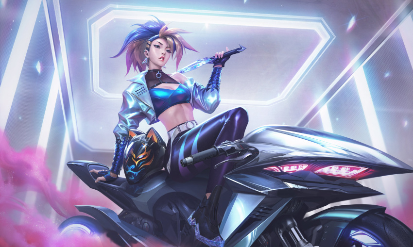 absurdres akali belt black_gloves black_hair black_pants blonde_hair blue_jacket breasts chengwei_pan crop_top cropped_jacket earrings eyeshadow female fingerless_gloves gloves helmet highres holding holding_sword holding_weapon idol jacket jewelry k/da_(league_of_legends) k/da_all_out_akali league_of_legends lips lipstick long_hair looking_at_viewer makeup medium_breasts motor_vehicle motorcycle motorcycle_helmet multicolored_hair navel official_alternate_costume official_art on_motorcycle open_clothes open_jacket pants parted_lips ponytail red_lips sitting solo sword two-tone_hair unworn_headwear unworn_helmet weapon